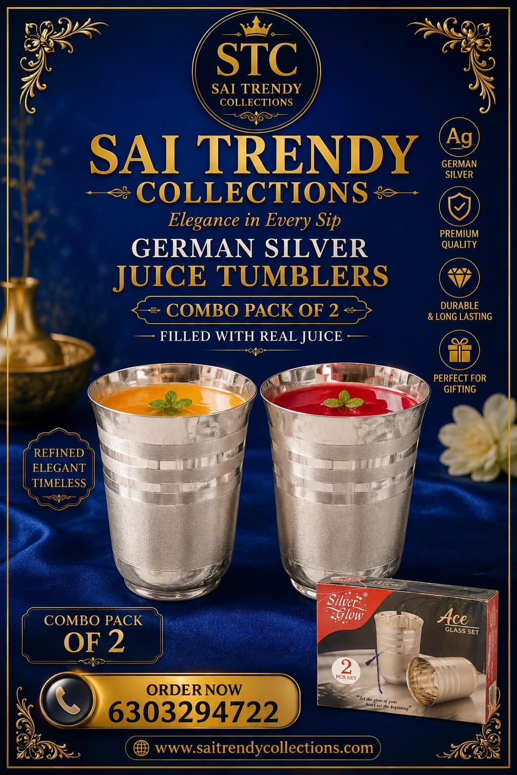 German Silver water tumbler glass set of 2